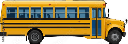 Bright yellow school bus with blue windows, ready for student transportation on a clear day