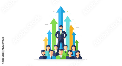 Businessman standing with team members growth.