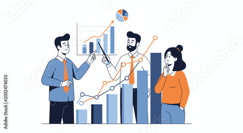 Business people discussing data charts.
