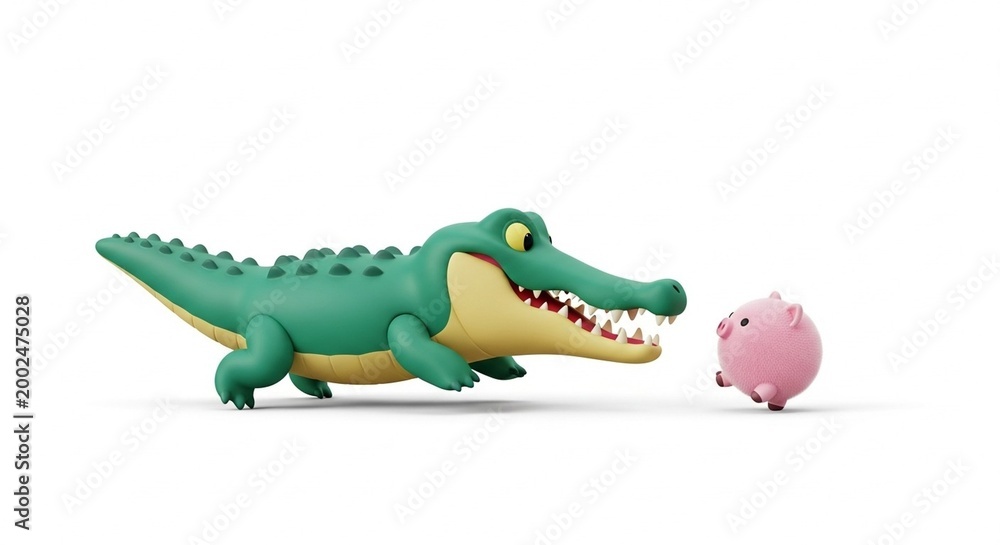 Fototapeta premium Cartoon Crocodile and Pig - A Playful Encounter on a White Background.