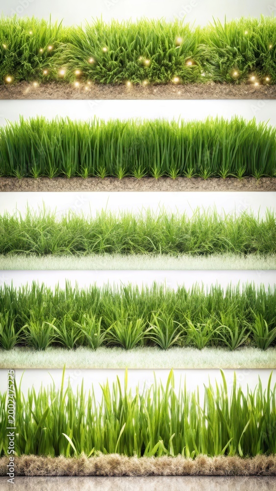 Obraz premium A photo of a collection of real grass borders isolated against a white background The borders are neatly arranged in rows, each with a distinct patte