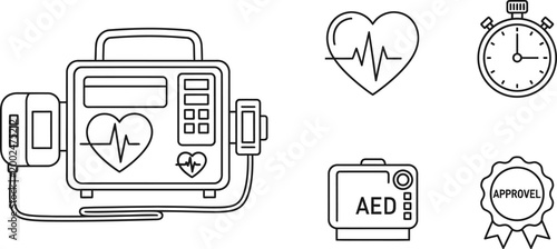 Set of automated external defibrillator and emergency medical icons.