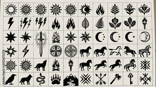 Set of black and white ancient tribal and nature symbols.