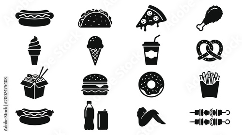 Set of black and white fast food and snack icons.