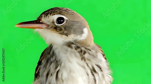Close-up of a small brown and white bird isolated on a vibrant green screen background, perfect for chroma key editing and compositing.