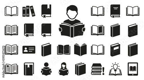 Set of black and white reading and library book icons.