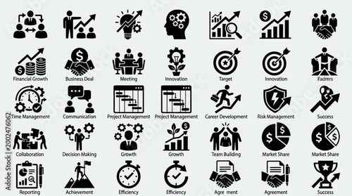 Set of black business management and leadership icons.