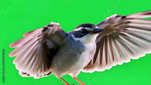 Small bird with spread wings on green screen. Flying or landing bird with chroma key background for VFX, wildlife, motion graphics.