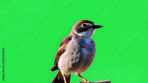 Small brown and white bird perched against a vibrant green screen background, ready for compositing