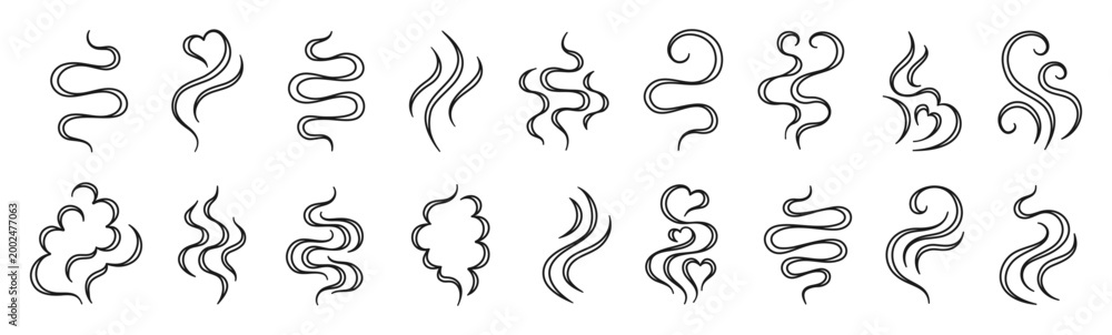 Fototapeta premium Steam and swirl smoke icon set hand drawn doodle comic set. Flowing swirls curved lines representing aroma waves comic scent. Minimal linear symbols soft abstract vapor shapes and dynamic air fluid
