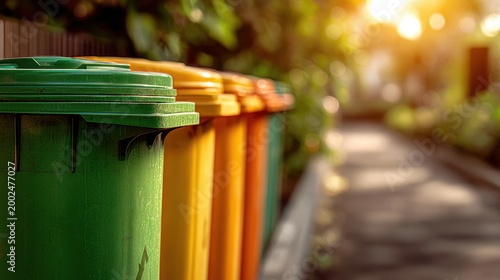 Colorful recycling bins lined up along a sunlit pathway surrounded by greenery, promoting eco-friendly waste management and sustainability efforts outdoors