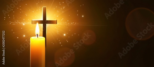 Golden Christian Cross and Burning Candle with Bright Light and Spiritual Glow