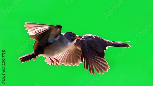 Two small birds in mid-flight interaction with beaks touching, isolated on a bright green screen.