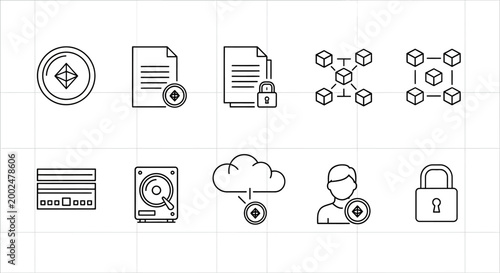 Icons of data storage and security.