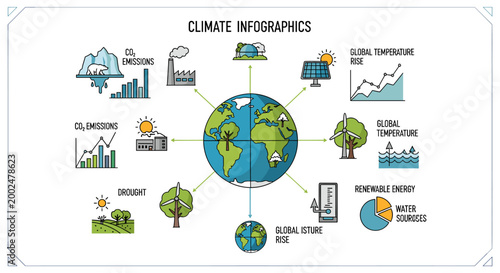 Climate change infographic illustrating global warming, CO2 emissions, renewable energy, drought, and sea level rise with various environmental icons.