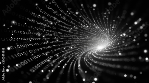 Digital Vortex: a futuristic spiral tunnel of binary code data. It evokes sense of technological advancement, data flow and virtual realm.