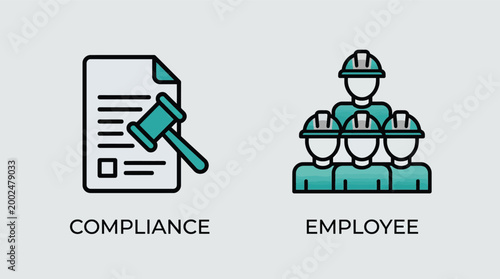 Vector graphic illustration of Compliance employee icon with gavel and workers Vector