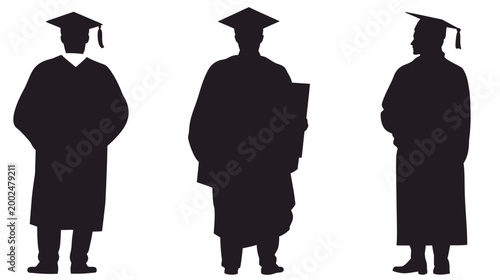 Silhouetted graduates, robed and capped, in various poses against a white backdrop