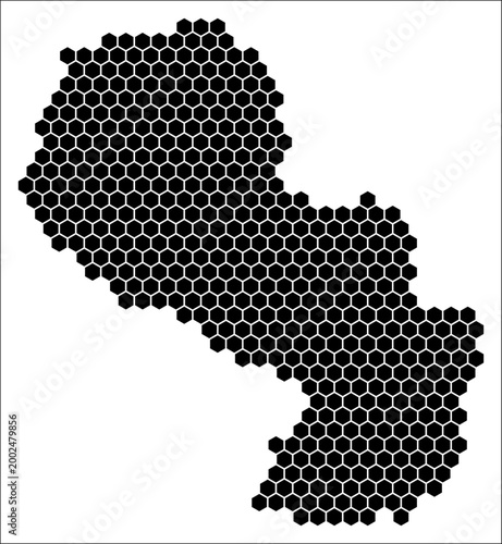 Paraguay simple black and white hexagon map shape template. Country plain hexagon cell dots. Paraguay flat honeycomb boundary. Vector Illustration.