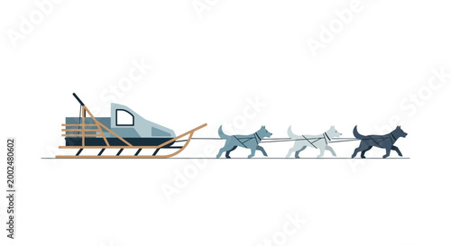 Dog sled team pulls a sled across a white background.