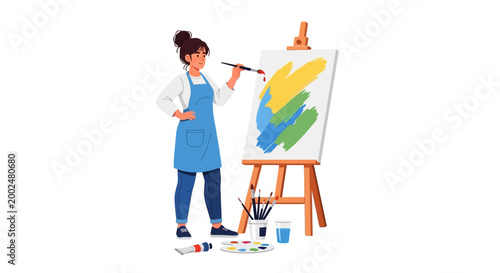 Young woman artist painting on canvas with wooden easel illustration