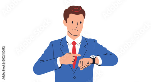 Annoyed businessman pointing at his wristwatch indicating lateness.