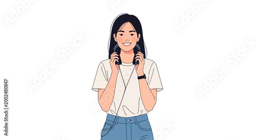Happy young woman holding headphones, ready to enjoy music.