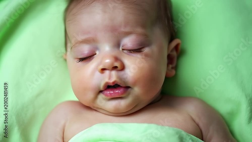 Close-up of peaceful sleeping baby on a soft green blanket, sweet infant napping soundly, innocence and calm