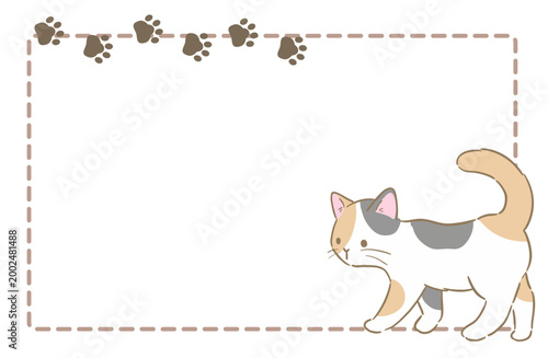 歩いている三毛猫と肉球のシンプル四角フレーム