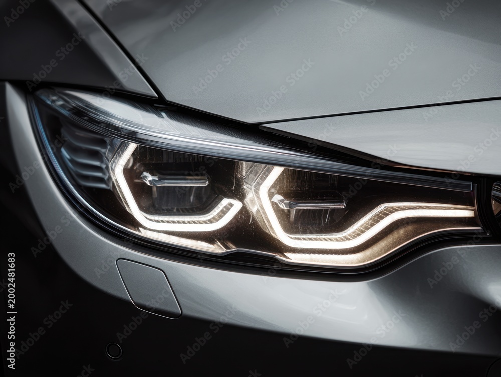 Fototapeta premium Modern design of a sleek silver car headlight glowing with bright led lights and sharp contours emphasizing high-tech automotive styling