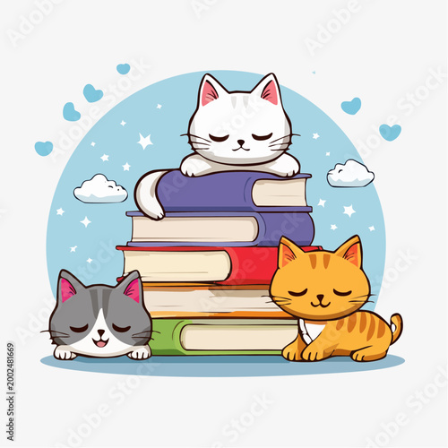 Cute Cats Sleeping on Stack of Books