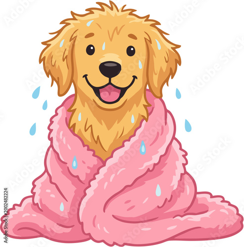 Cute cartoon golden retriever puppy wrapped in pink towel vector
