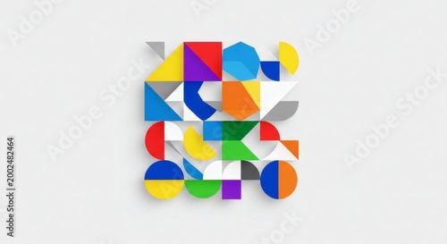 Colorful geometric shapes artfully arranged in a vibrant composition, exuding modern design with a playful touch, inviting visual exploration of its creative geometry. 