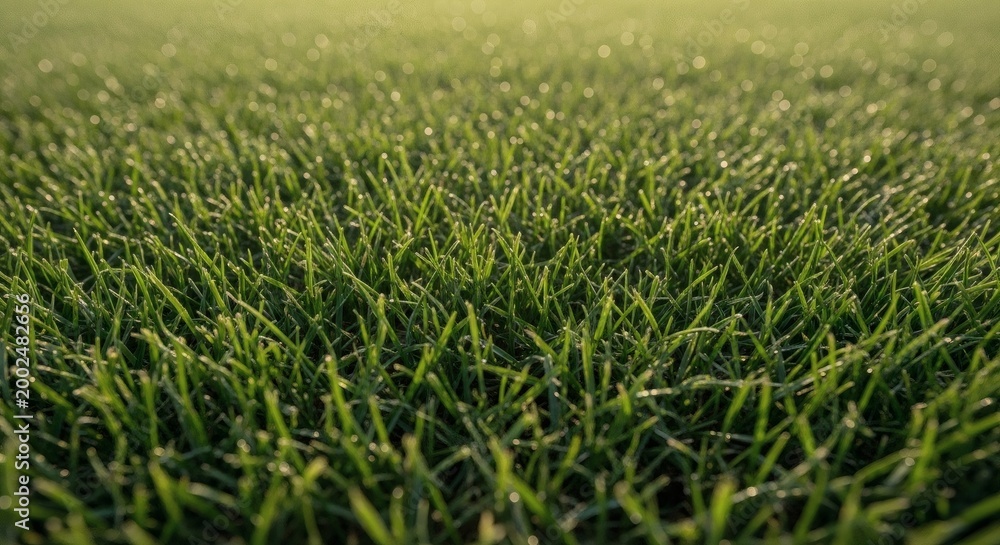 Obraz premium Close-up of vibrant green blades of grass, basking in sunlight, the lush texture and verdant color evoke feelings of serenity and renewal. 