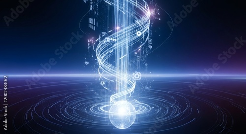 Digital artwork features a radiant and complex spiral form, seemingly rising from a futuristic platform, embodying concepts of science, data, and technological advancement.