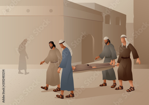 Biblical vector illustration series, biblical scene of four friends carrying a paralyzed man to Jesus