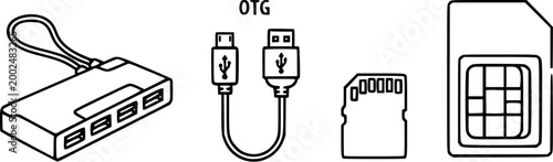 SIM Card and Mobile Connectivity Set Featuring USB Hub OTG Cable and Memory Storage Icons