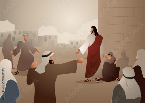 Biblical vector illustration series, Jesus Forgives Adulterous Woman. Let he who is without sin cast the first stone