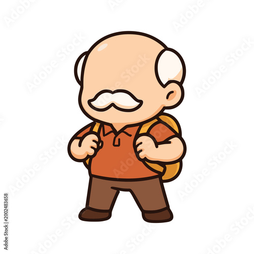 Elderly man hiking with backpack cartoon