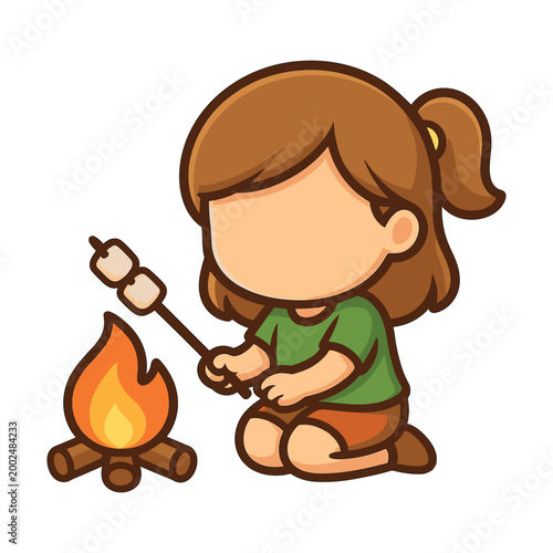 Girl roasting marshmallows by campfire cartoon