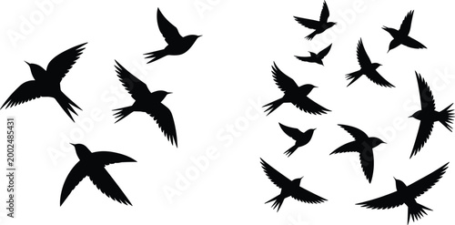 Flying bird silhouettes set with various wing positions and flock compositions isolated on white background for design use