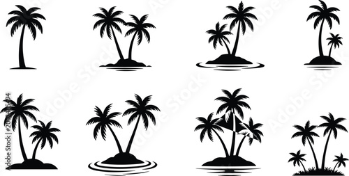 Palm island silhouettes set with tropical beach scenes and water reflections isolated on white background for travel design