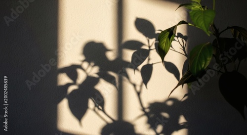 Golden light casts intricate shadows of a houseplant on a smooth surface, creating a captivating interplay of light and dark. 