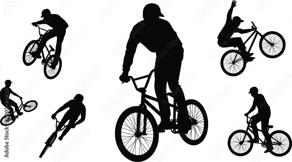 Obraz premium Silhouette set of BMX riders performing freestyle tricks and jumps isolated on white background for sports design use