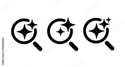 Black magnifying glass icons with ai sparkle stars inside circle shapes search and clean concept design