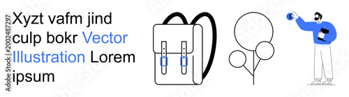 Education, eco-lifestyle, technology, active lifestyle, modern design, digital interaction. Stylized backpack, minimal tree character using tech. Education and eco-lifestyle concept