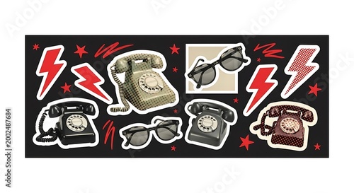 Retro rotary telephones and sunglasses arranged with lightning bolts on a black background.