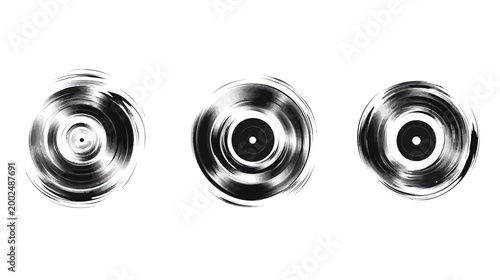 Three black and white graphic illustrations of vinyl records arranged horizontally