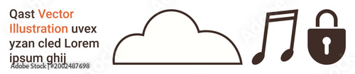 Cloud computing, data protection, music streaming, cybersecurity, privacy assurance, digital storage. Minimalist cloud icon, musical note and padlock. Cloud computing and data protection
