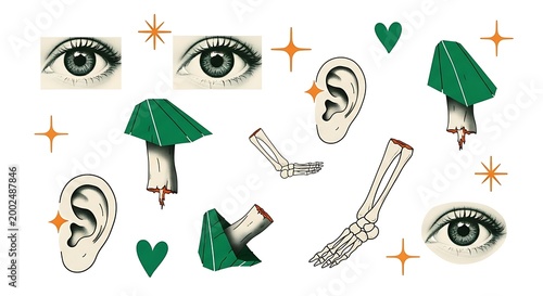 Surreal Collage of Eyes, Ears, Bones, and Abstract Shapes with Sparkles.